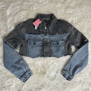 PLT washed grey double layered denim cropped jacket